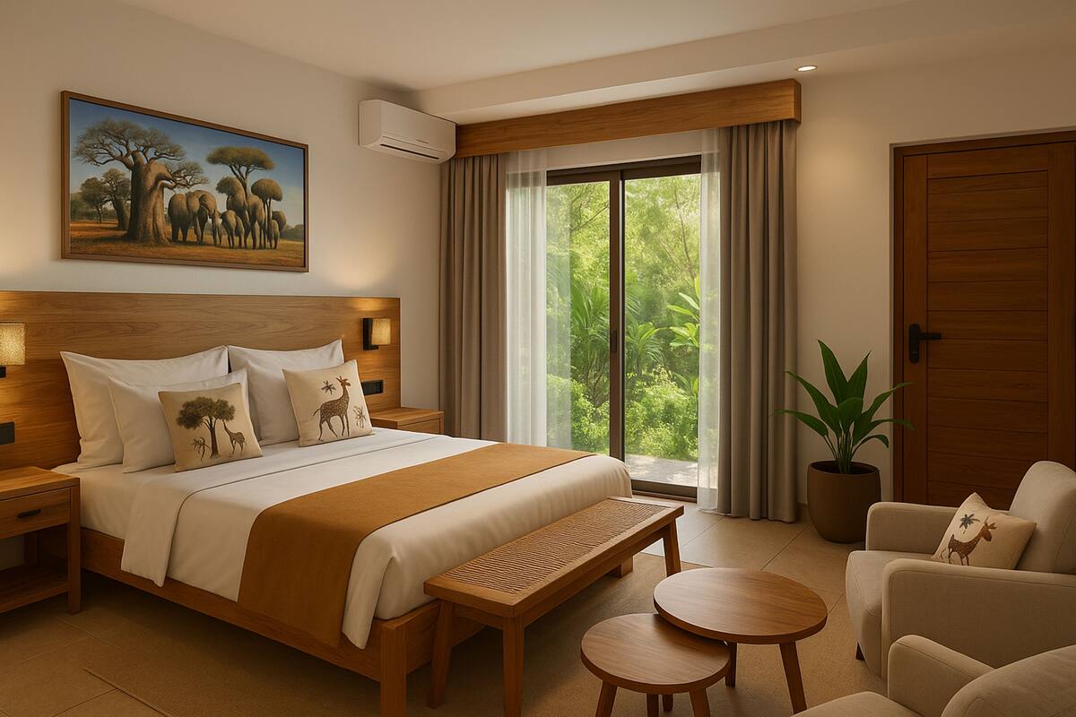 A hotel room with a large bed, a wooden headboard, a painting of elephants, a potted plant, and a view of greenery through the window.
