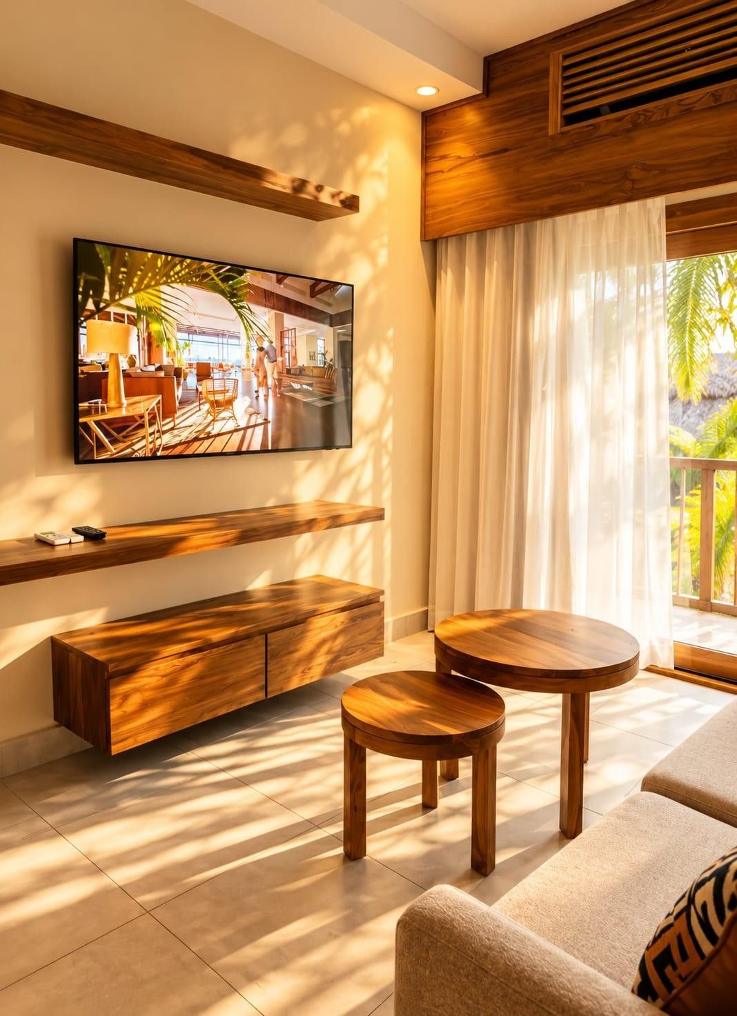 Una sala moderna con una televisión de pantalla plana, muebles de madera y un amplio ventanal con cortinas.