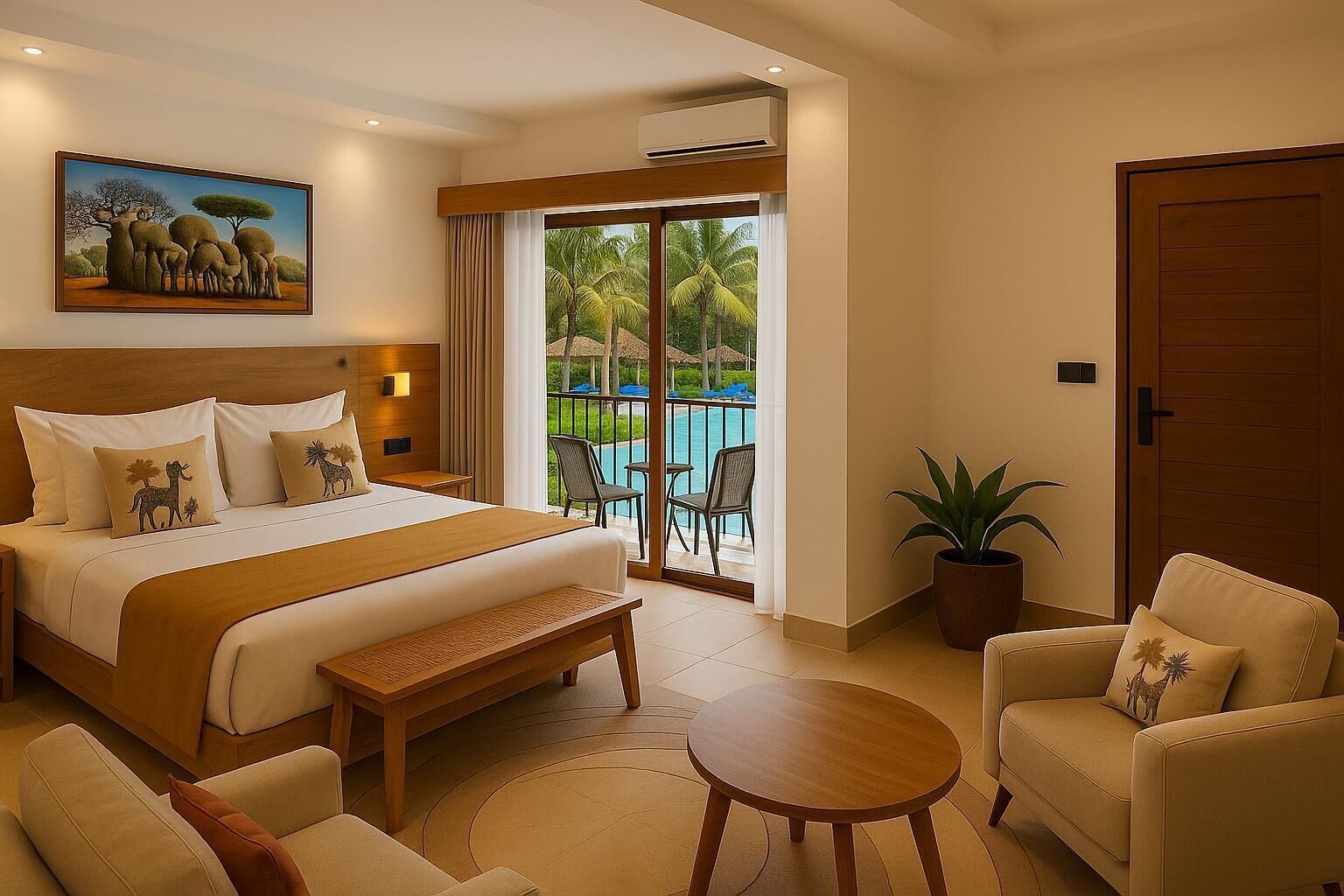 Quarto de hotel com cama, área de estar com mesa e cadeiras, planta em vaso e vista para uma piscina.