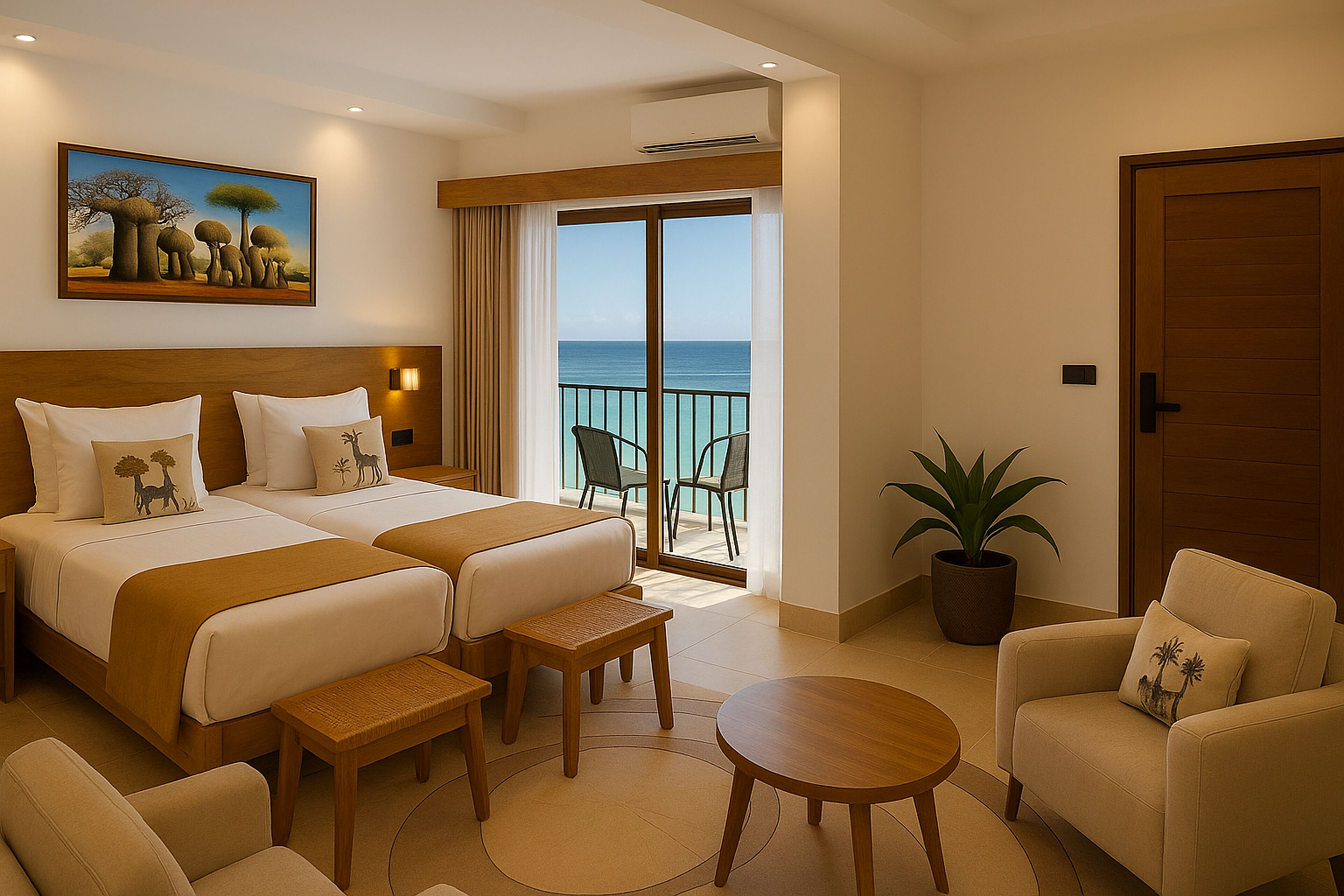 Une chambre d’hôtel avec deux lits, un balcon donnant sur la mer, une plante en pot et un coin salon.