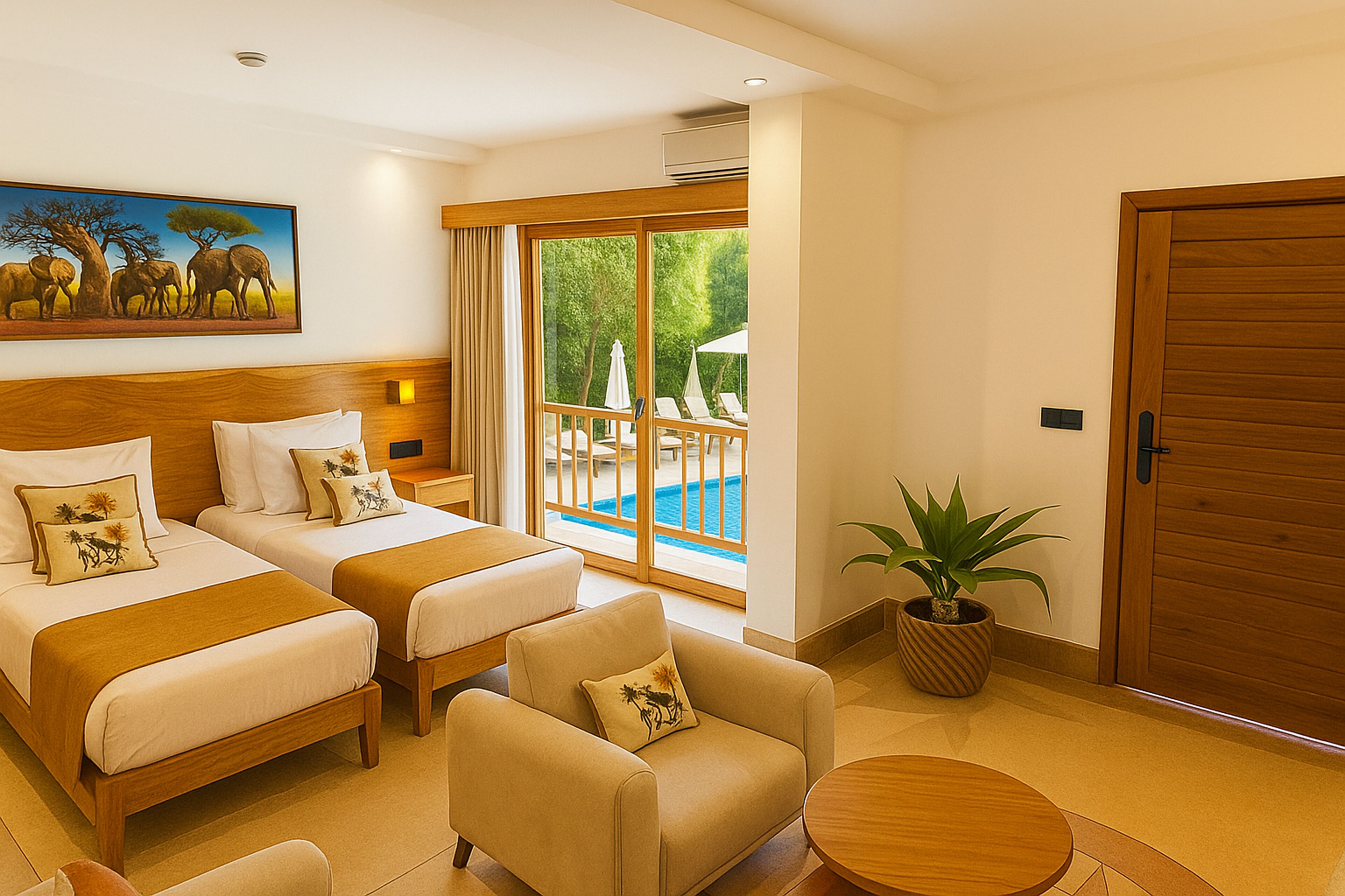 Habitación de hotel con dos camas, un sofá, una mesita, una planta en maceta y vistas a la piscina y al área exterior.