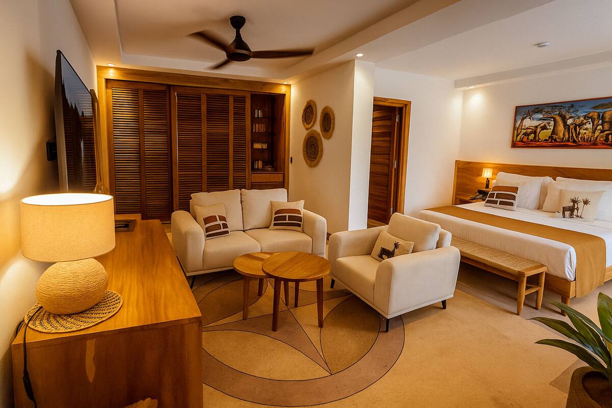 A hotel room with a sofa set, a bed, a wooden desk, and a ceiling fan.