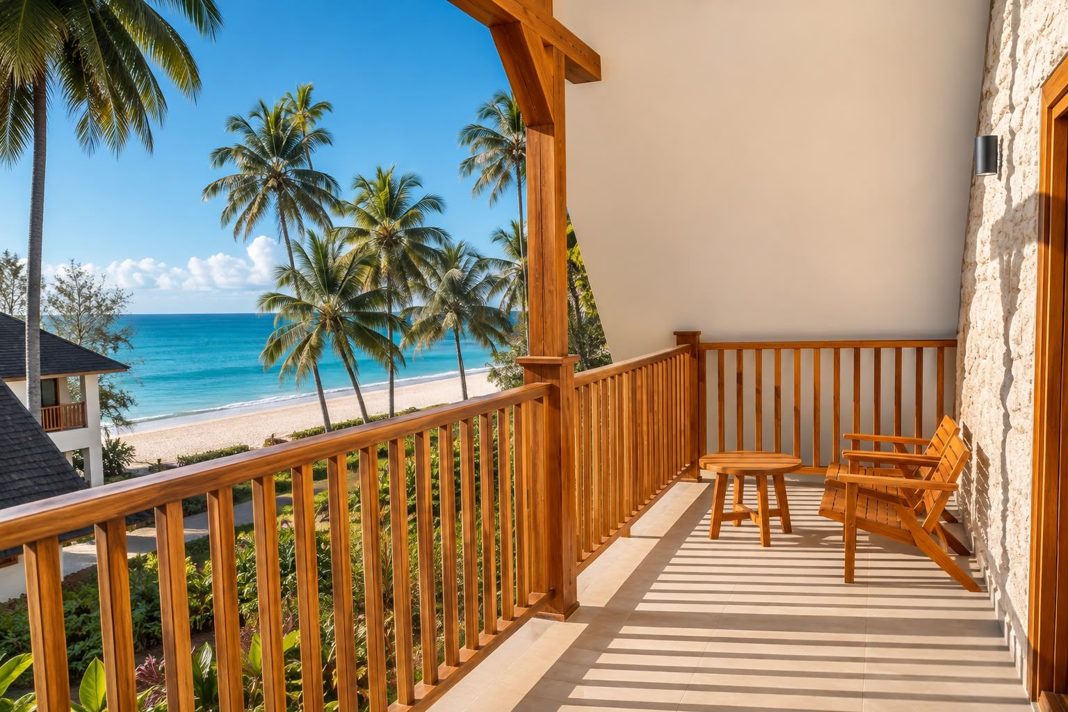 Un balcón con vista a la playa y palmeras.