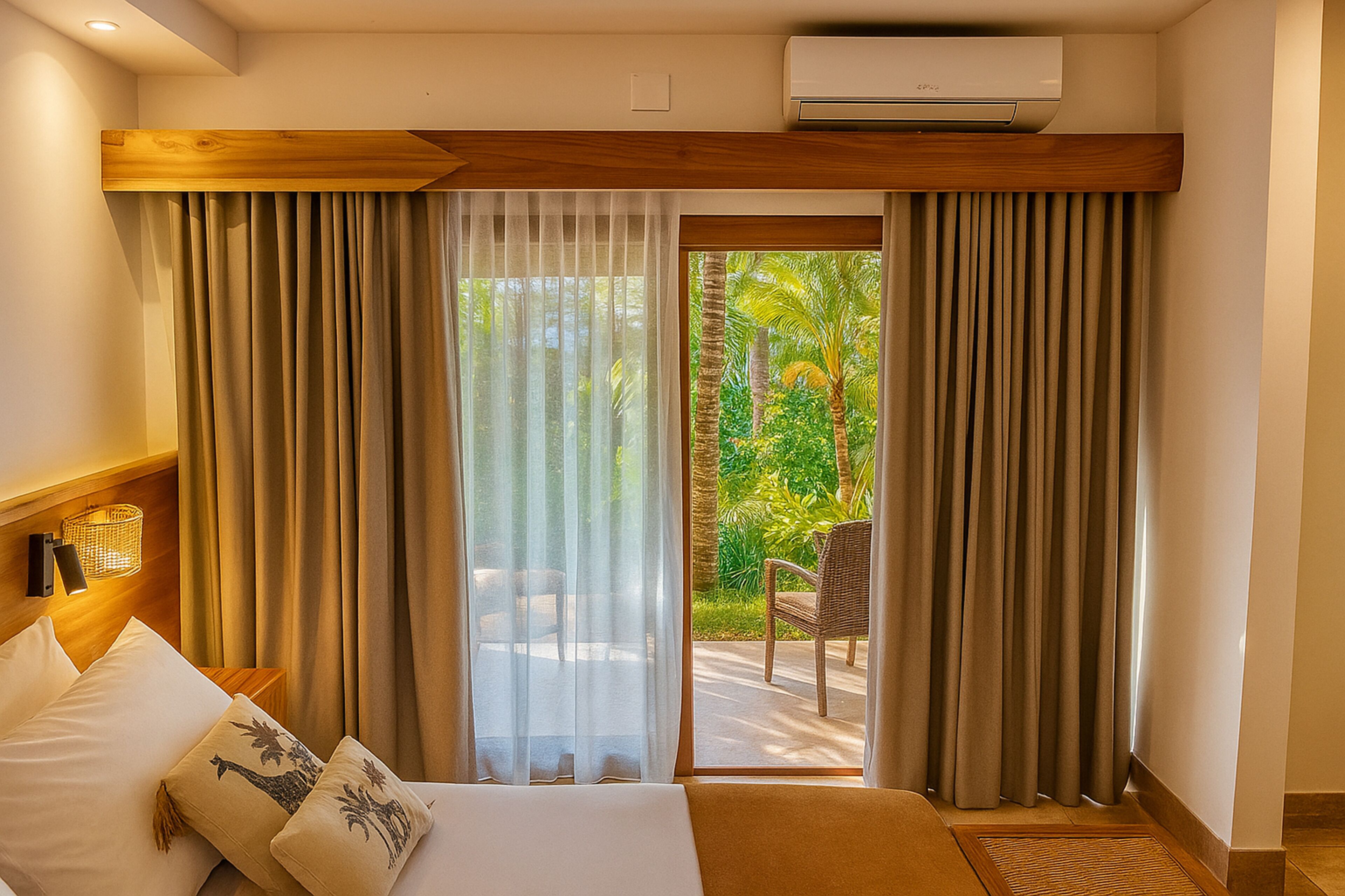 A hotel room with a bed, curtains, an air conditioning unit, and a view of greenery outside.
