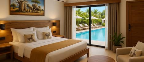 Habitación de hotel con una cama grande, vista a una piscina y un balcón con mobiliario exterior.