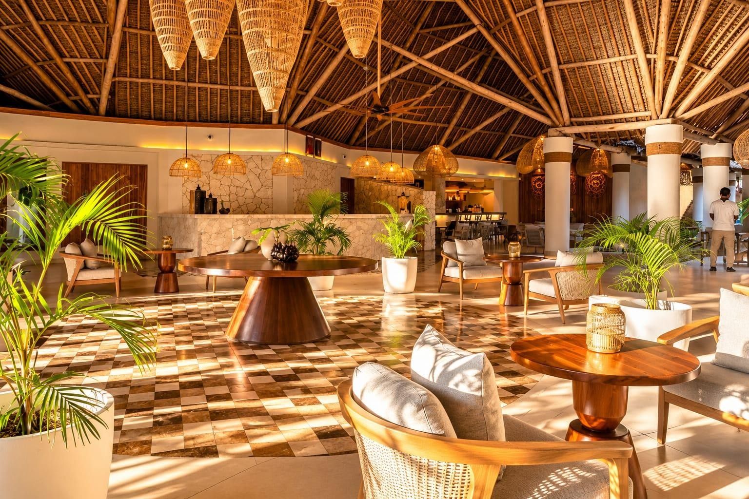 A spacious lobby with a checkered floor, round tables, wicker furniture, and a high ceiling with bamboo beams.