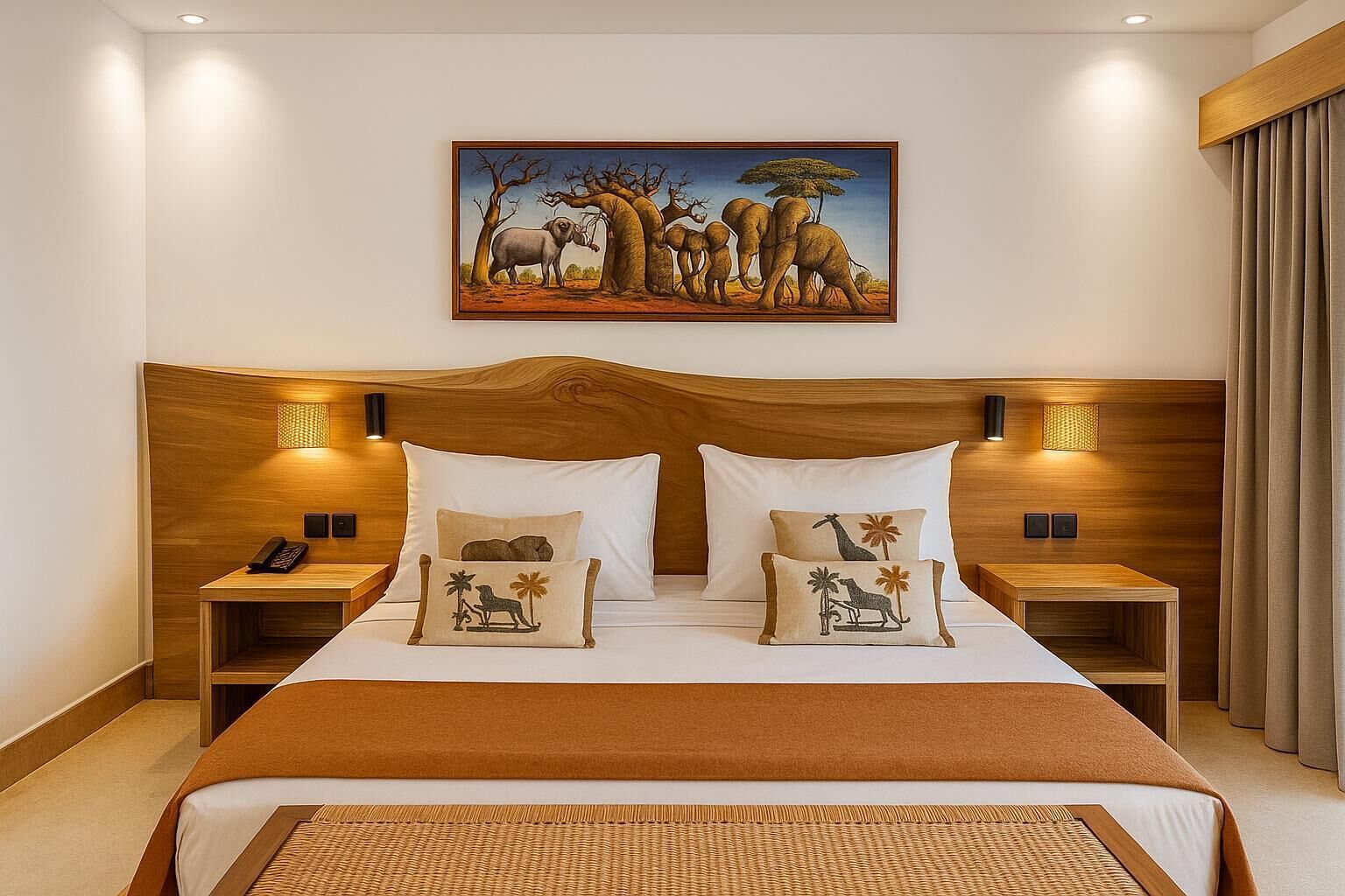 A hotel room with a large bed, two bedside tables, a wooden headboard, a painting of wildlife, and a woven rug.