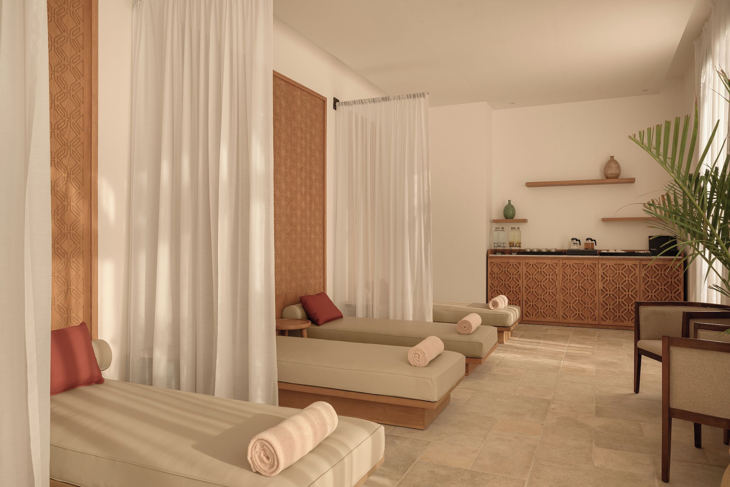 A spa area with multiple massage beds, a reception desk, and a potted plant.