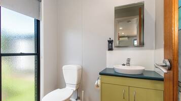 A bathroom with a toilet, sink, and mirror.