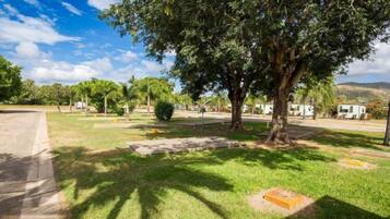 Um camping com tendas, árvores e áreas gramadas.