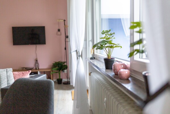 Una sala de estar con un televisor montado en la pared, una ventana con vistas, un radiador y una planta en maceta en el alféizar.