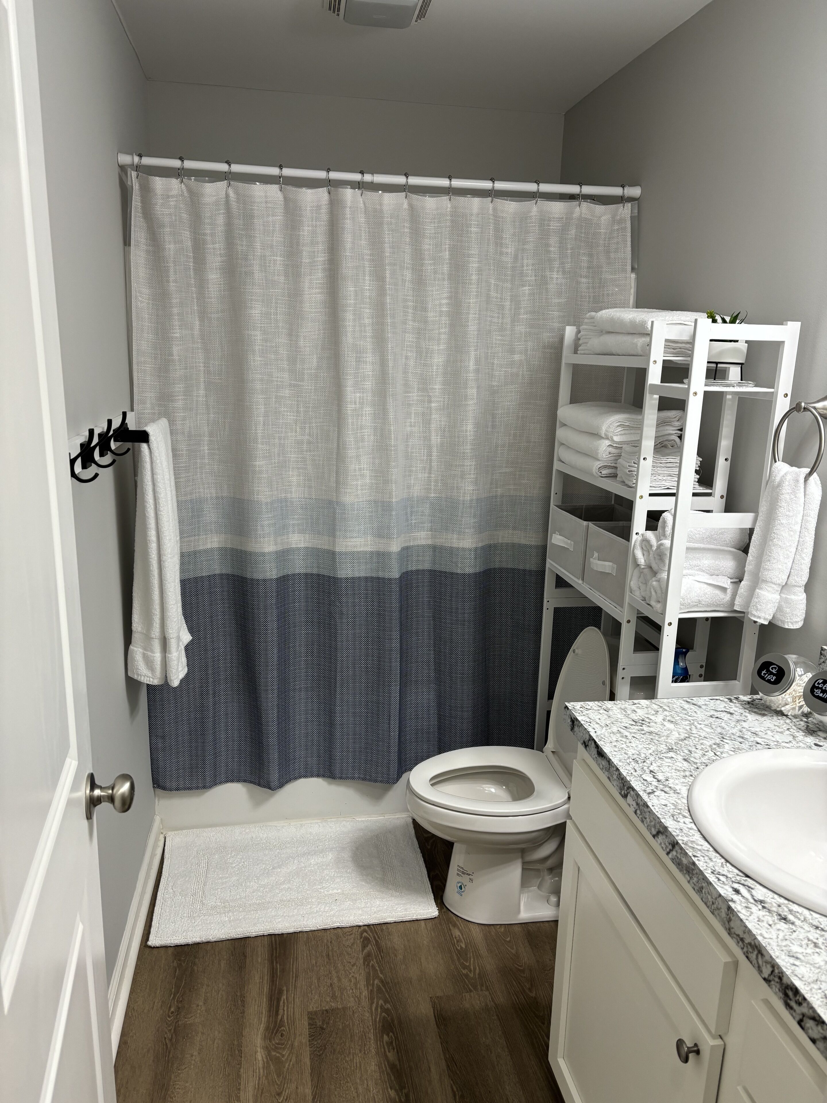 Hair dryer, towels, soap, shampoo
