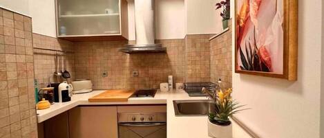 Fridge, oven, stovetop, coffee/tea maker