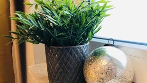 Une plante en pot aux feuilles vertes, placée à côté d’un vase à motifs sur un rebord de fenêtre.