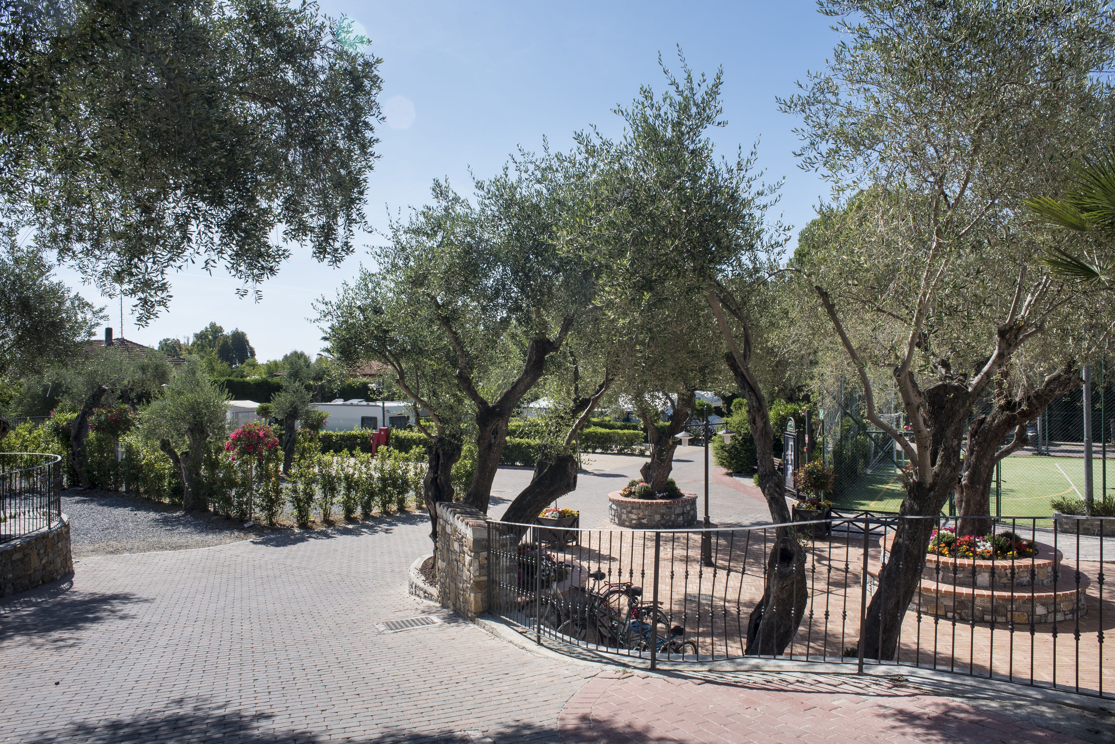 A paved pathway with a circular stone bench area, surrounded by trees and a metal fence.
