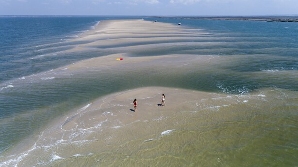 Ein Strand mit klarem Wasser und einer weiten Sandfläche.