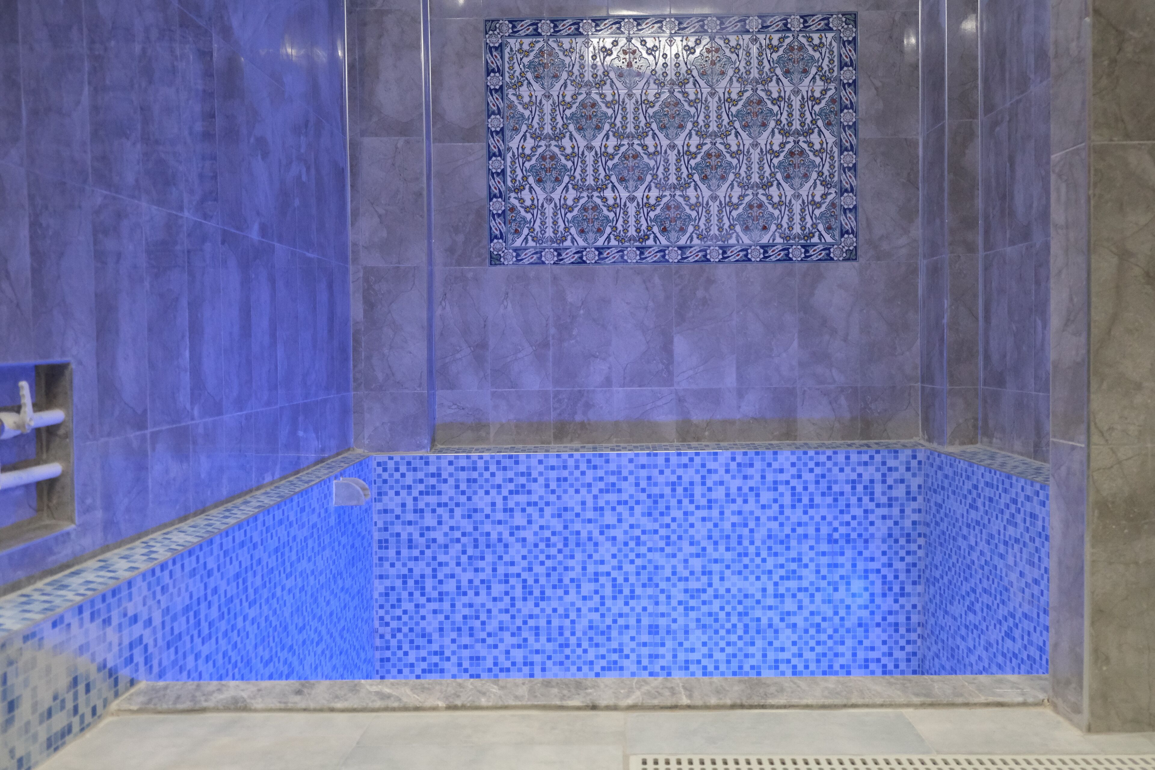 A bathroom with a blue-tiled floor and walls, a decorative tile pattern on the wall, and a shower area.