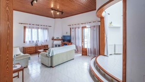 A spacious living area with a wooden ceiling, a sofa, a TV, and a kitchen area.