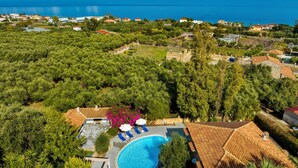 A residential area with a swimming pool surrounded by lush greenery and a view of the sea.