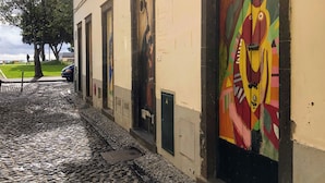 A building with a cobblestone street, a tree, and a colorful mural on the wall. - Costa's Old Town House (Funchal)