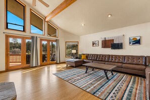 TV connectée, cheminée, lecteur de DVD, livres