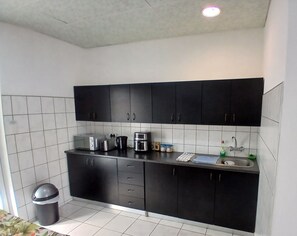 Fridge, microwave, coffee/tea maker, electric kettle