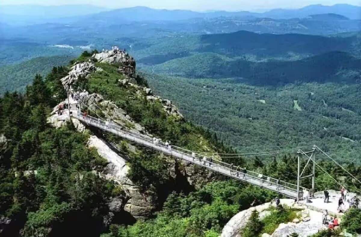A suspension bridge over a rocky gorge with a forested valley below.