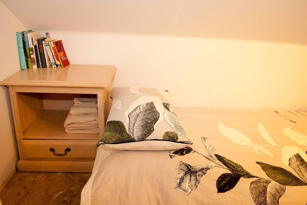 A bedroom with a bed, a nightstand with a drawer, and a shelf with books.