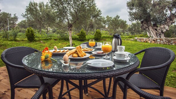 Mesa redonda de vidro posta para o café da manhã, com pratos, pão e suco, cercada por cadeiras de vime em um deck de madeira com vista para o jardim.