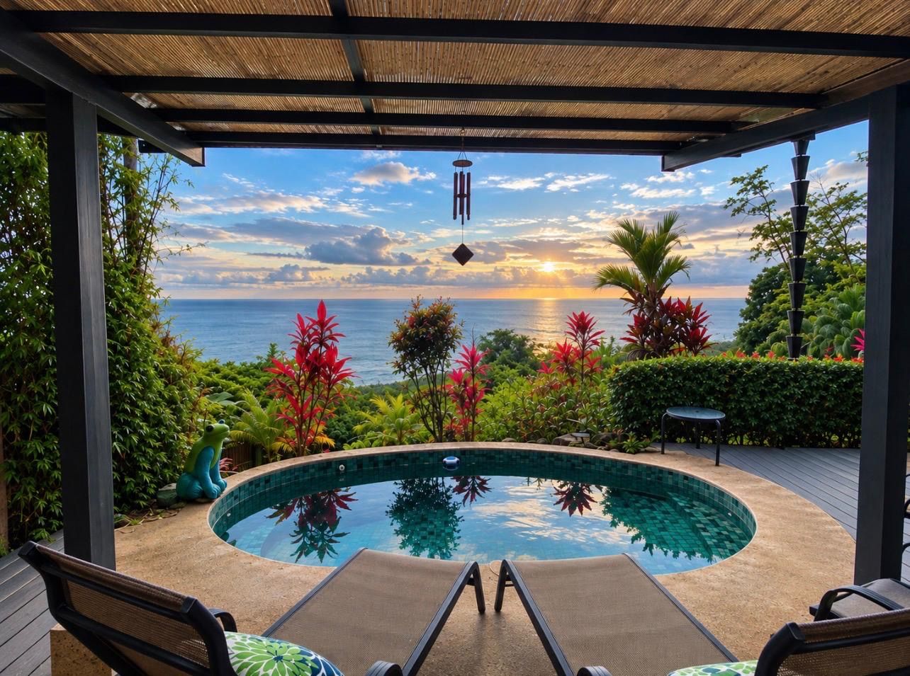 A pool with a view of the ocean, surrounded by tropical plants and a wooden deck.