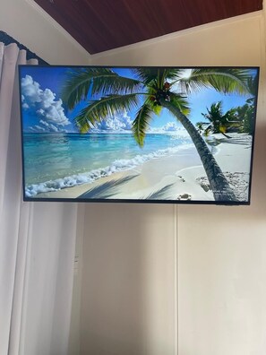 Een flatscreen televisie aan een muur met een strandbeeld, palmbomen en golven.