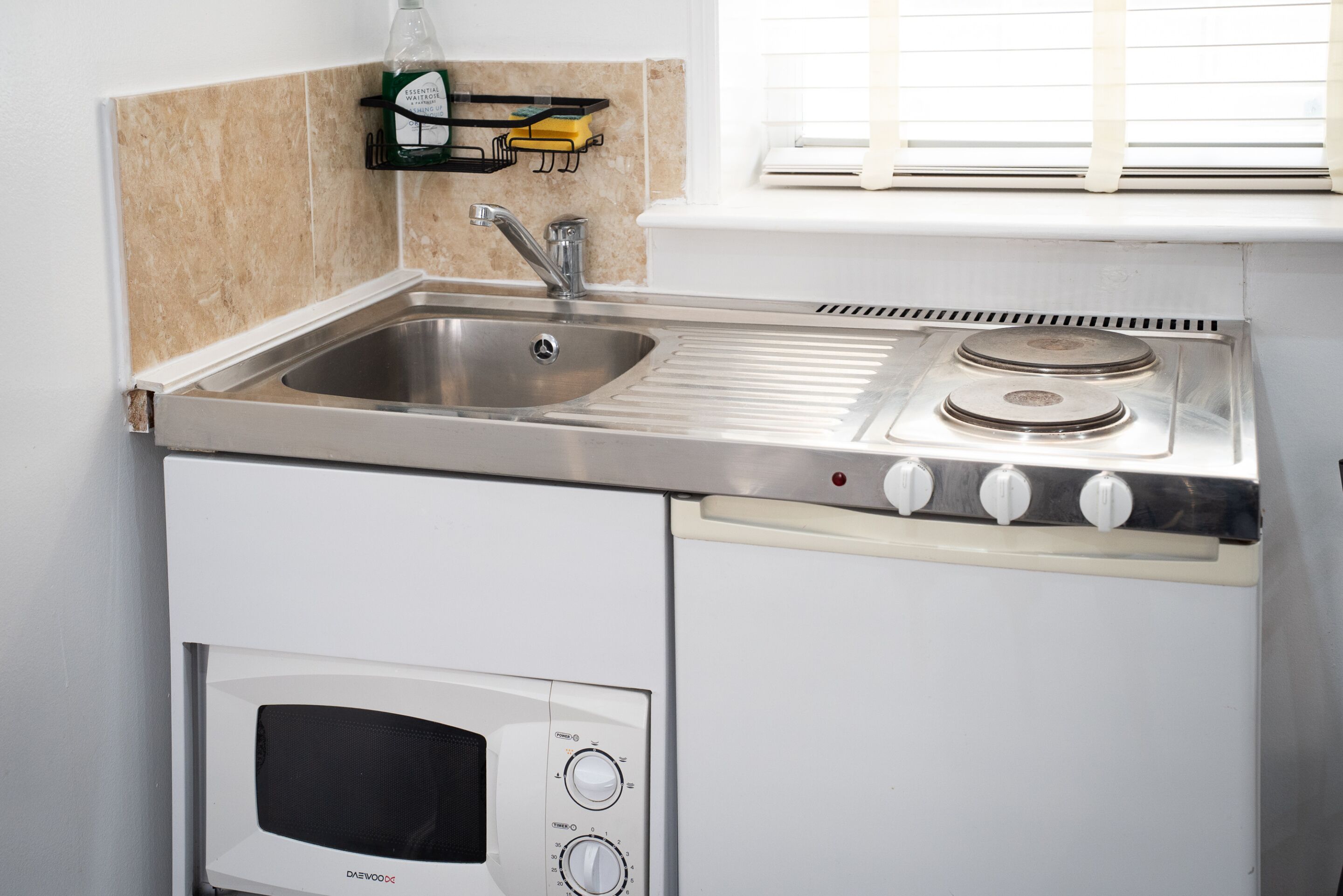 Fridge, microwave, electric kettle, toaster