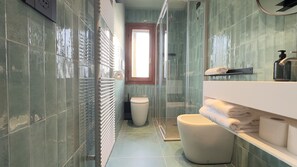 Shower, hair dryer, bidet, towels