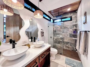Shower, towels, soap, shampoo