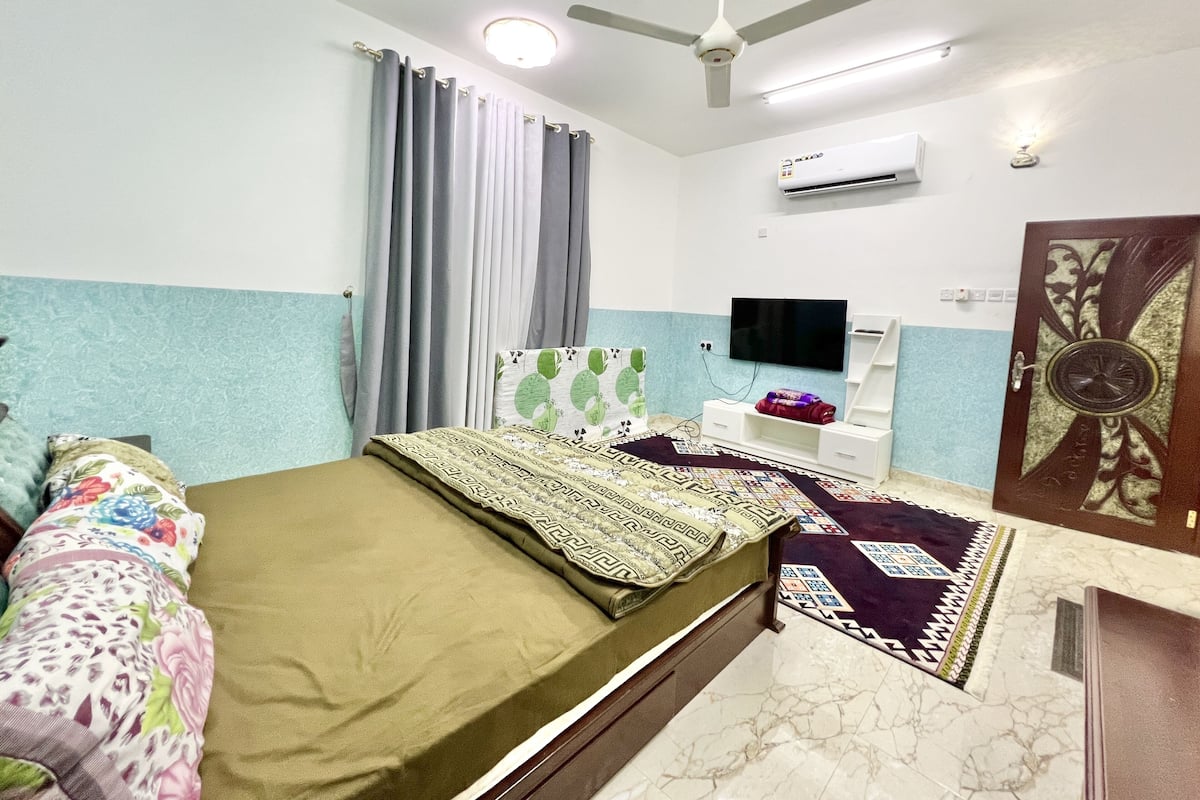 Un dormitorio con cama, ventilador de techo, aire acondicionado, televisor y una puerta decorativa.