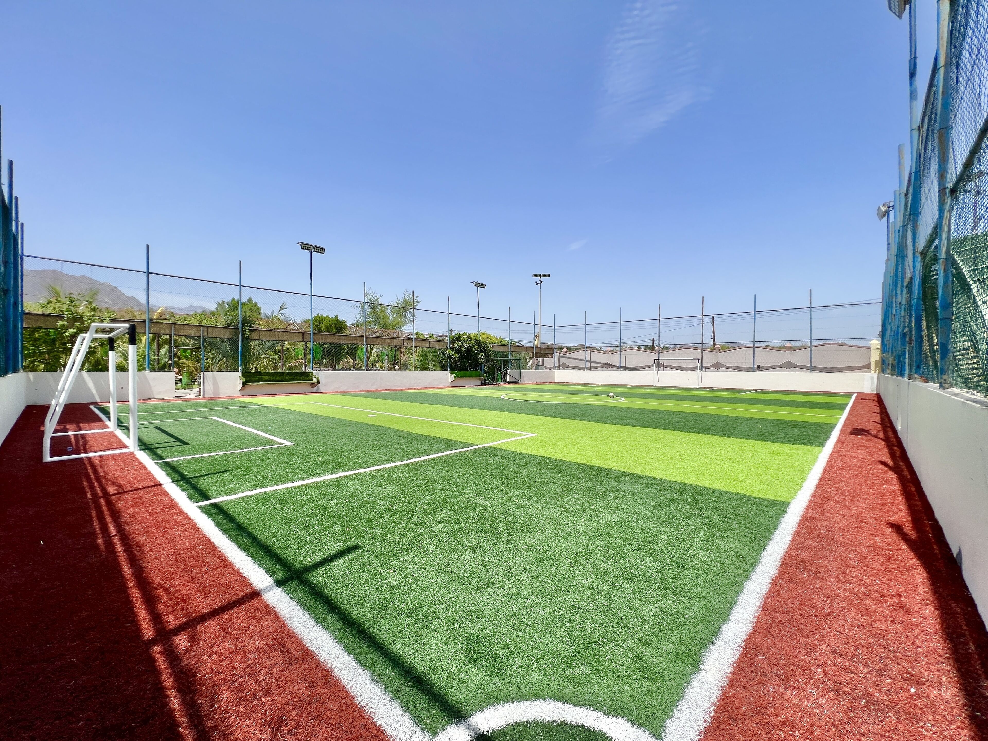 Ein Hallenfußballfeld mit Kunstrasen, Toren und einer roten Tartanbahn.