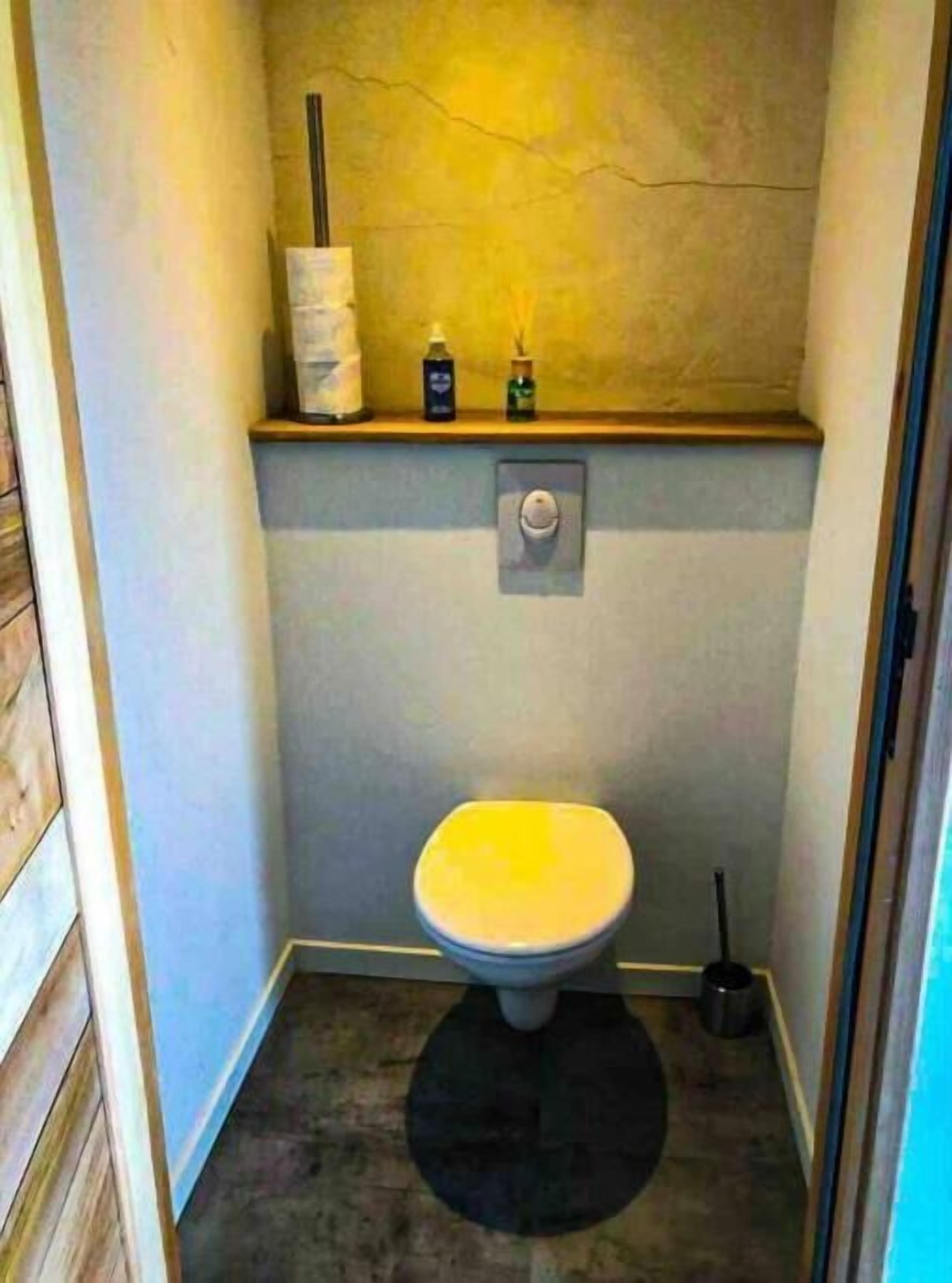Une petite salle de bain avec des toilettes, une étagère contenant des articles de toilette et un balai-serpillière.