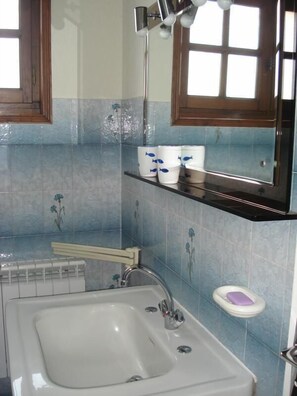 Bathroom features a sink, mirror, and shelf with storage.