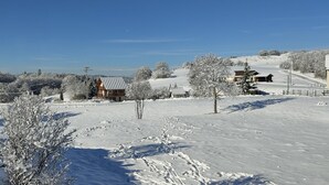 Un paysage enneigé avec une maison en bois et un bâtiment doté d’un toit en pente.