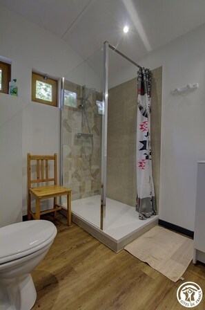 Bathroom features a glass-enclosed shower area with a showerhead mounted on the wall and a toilet.