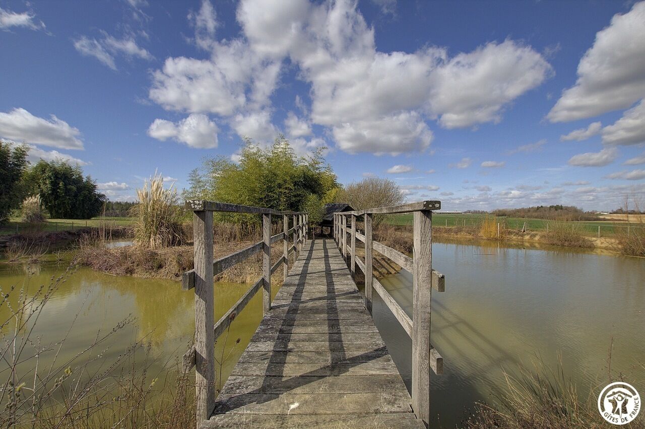 A wooden bridge over a calm body of water with a clear sky.