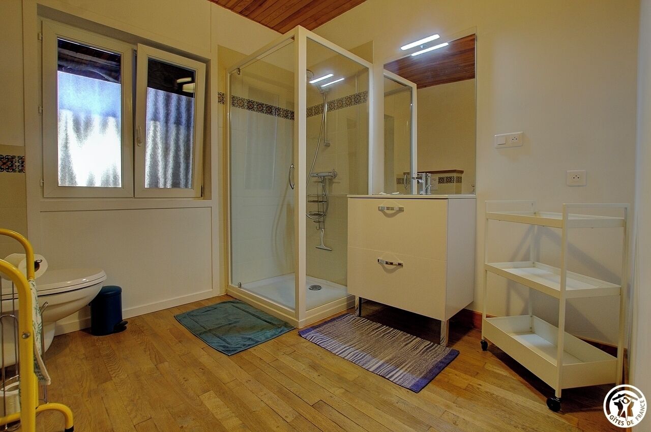 A bathroom with a shower, toilet, and sink.