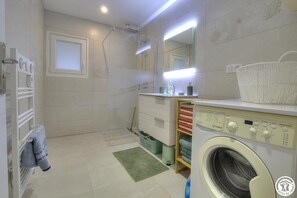 Shower, hair dryer, towels
