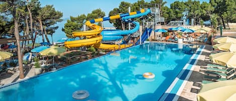 Seasonal outdoor pool, pool umbrellas, pool loungers