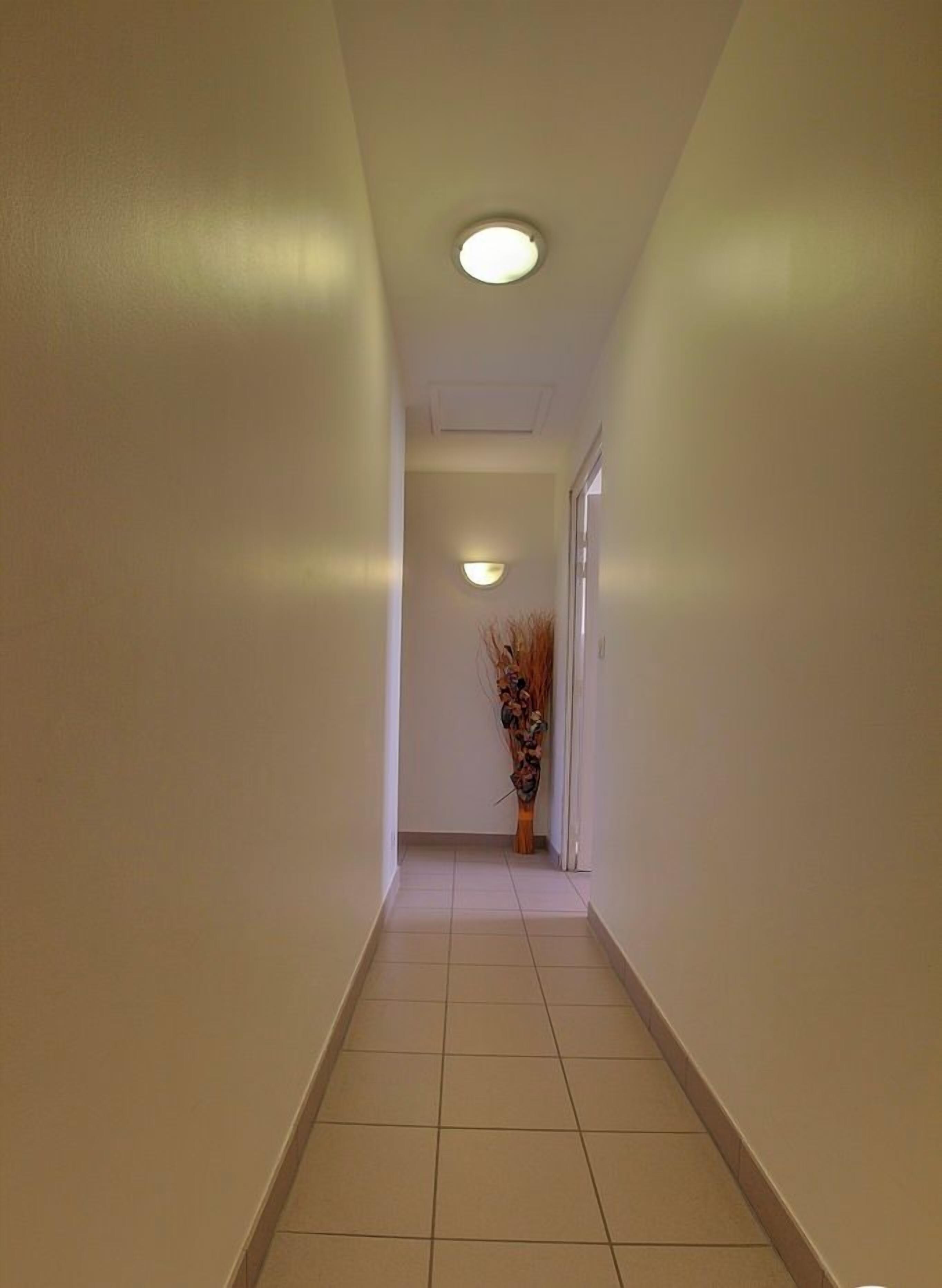 A narrow hallway with white walls and a tiled floor. There is a door at the end of the hallway and a vase with dried plants on the floor.