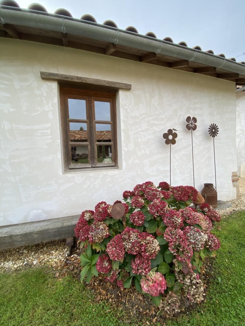 Ein Gebäude mit einem Fenster und einem Blumenbeet voller Hortensien.