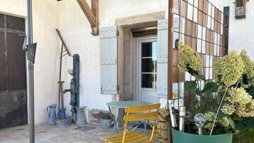 Un patio con una mesa, sillas, una planta en maceta y una valla metálica.