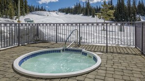 Un bain à remous avec vue sur une montagne enneigée et une zone délimitée par une clôture.
