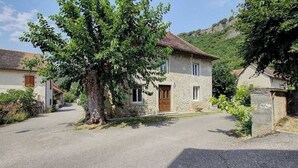 A stone house with a wooden door, a paved driveway, and a large tree in front.