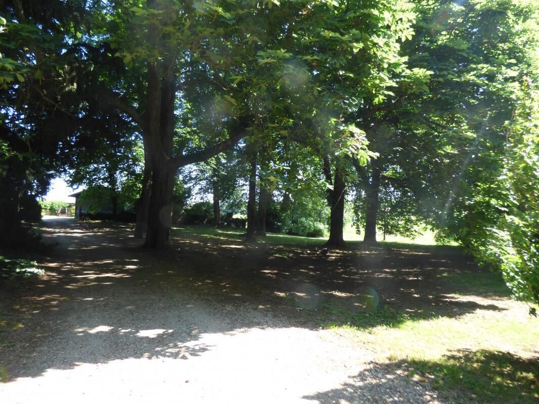 Un parc avec un sentier de gravier, des arbres et un bâtiment en arrière-plan.